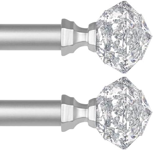 TONIAL 2 Pack Curtain Rods 32 to 58 Inch(2.6 to 4.8 ft), Telescoping Splicing 3/4 Single Rods for Windows 20 to 53 Inch(1.7 to 4.4 ft) Decorative Drapery Rod with Translucent Diamond Finial, Silver 2 Pcs