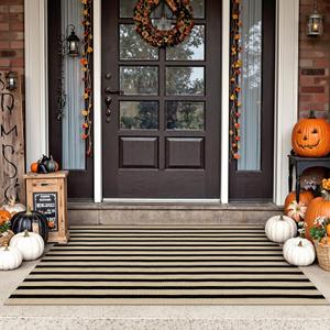 Tiveney Fall Door Mat Outside Entrance 2'x4.3', Cotton Woven Washable Front Porch Rugs, Farmhouse Reversible Layered Welcome Mat Halloween Decorations Outdoor for Entryway Kitchen Farmhouse (Black/Khaki Striped)