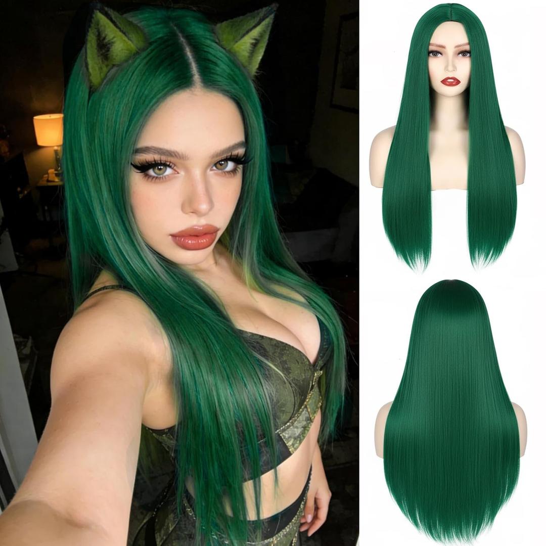 Green Wigs for Women Long Straight Red Wig Middle Part Synthetic Cosplay Wig No Lace Nature Looking Girls Red Costume Full Wigs
