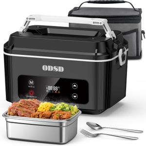 ODSD Cordless Electric Lunch Box for Adults, Heated Lunch Box 130min Battery Life, Self-Heating Portable Electric Food Warmer with 1.2L SS Container for Truck, Office, or Outdoor Worksite (Black/White)