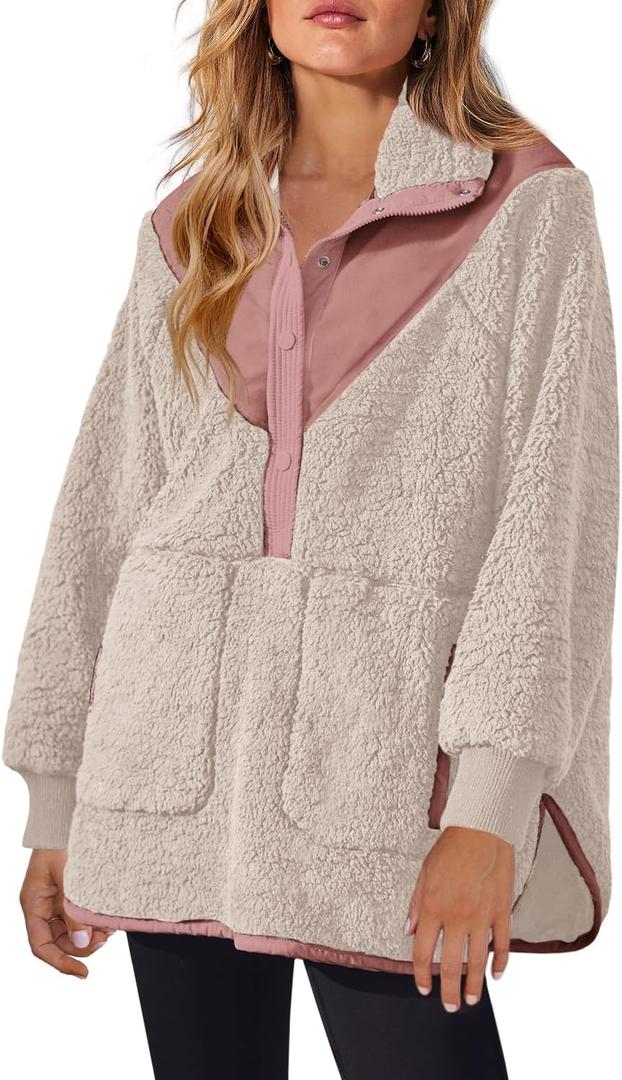 Panadila Womens Half Snap Fleece Pullover Oversized Fuzzy Sweatshirt with Pockets Trendy Warm Sherpa Sweater (Large, Apricot)