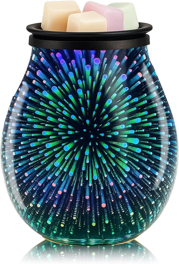 Leyoue 3D Glass Fireworks Electric Wax Melt Warmer with PTC Heating Plate Reusable Silicone Tray 7 Colors LED Changing Light Wax Burner Melter Fragrance Warmer for Home (3D)