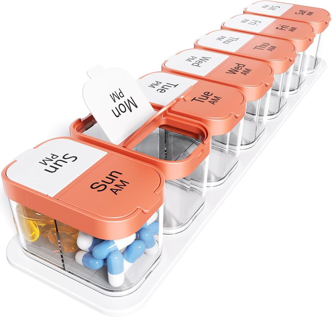 Odaro Extra Large Weekly Pill Organizer 2 Times A Day, Pill Box 7 Day Am Pm to Hold Daily Medicine Vitamin and Supplements - Orange