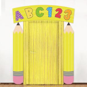 4 Pack Back to School Door Cover Banner | Pencil Ruler Shape Classroom Decoration with Foil Fringe Curtain Hanging School Porch Sign Photo Background for Indoor School