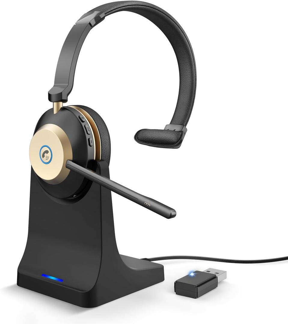 Earbay Wireless Headset with Mic, Trucker Bluetooth Headset with Microphone Noise Canceling, Wireless Headphones with Mic Mute, USB Dongle, Charging Base, 45H Battery, for PC Laptop Phone Teams Zoom