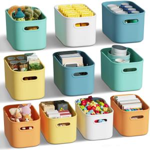 10 Pack Colorful Plastic Storage Bins, Storage Container for Organizing, Colored Storage Boxes with Handle for Shelves, Cute Organizer Bins for Craft, Snacks, Cabinet, 9.69x6.7x5.7 inch