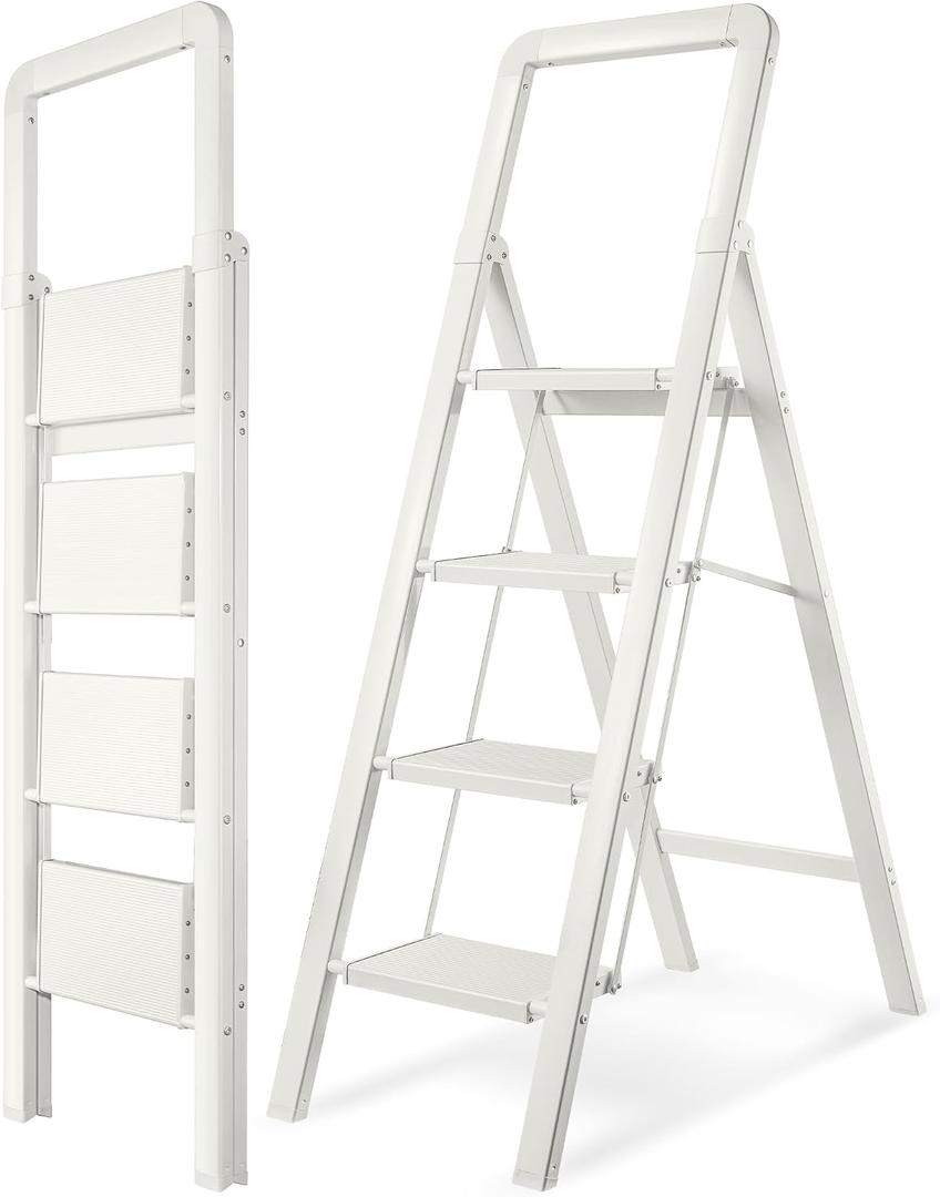Step Ladder 4-Step White Finish Aluminum Folding Step Ladders,Anti-Slip Max 330 lbs