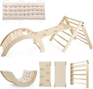 Pikler Triangle Set with Cushion Large, 5 in 1 Toddler Climbing Toys Indoor