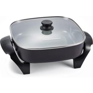 Elite Gourmet 12" x 12" x 3" Ceralast PFAS Free Ceramic Electric Skillet, Dishwasher Safe, Xtra Deep Dish, Rapid Heat 1200W, Black (7.5Qt)