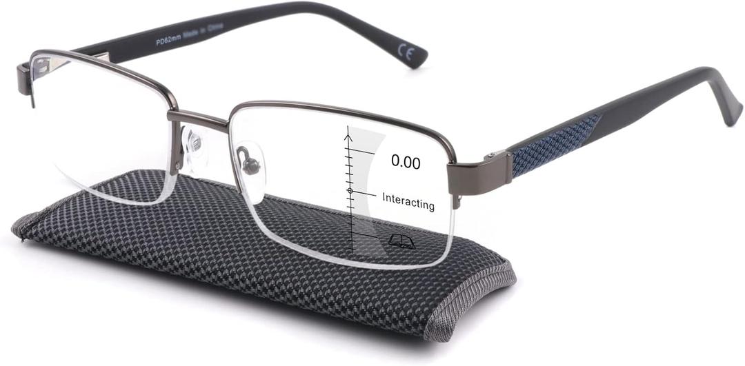 Missfive Mens Premium Multifocus Reading Glasses 0 Power on Top Center, Blue Light Blocking Far/Mid/Near Progressive Multifocal Readers Metal Frame With No Broken Spring Hinge, 2.5x, Blue