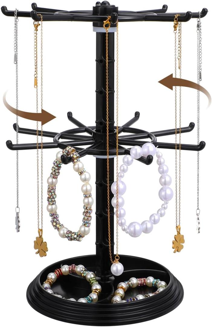 BESPORTBLE Rotating Jewelry Organizer Stand 2-Tier Small Jewelry Hanger Storage with 360-Degree Rotation for Keychains Hair Ties and Necklace Display