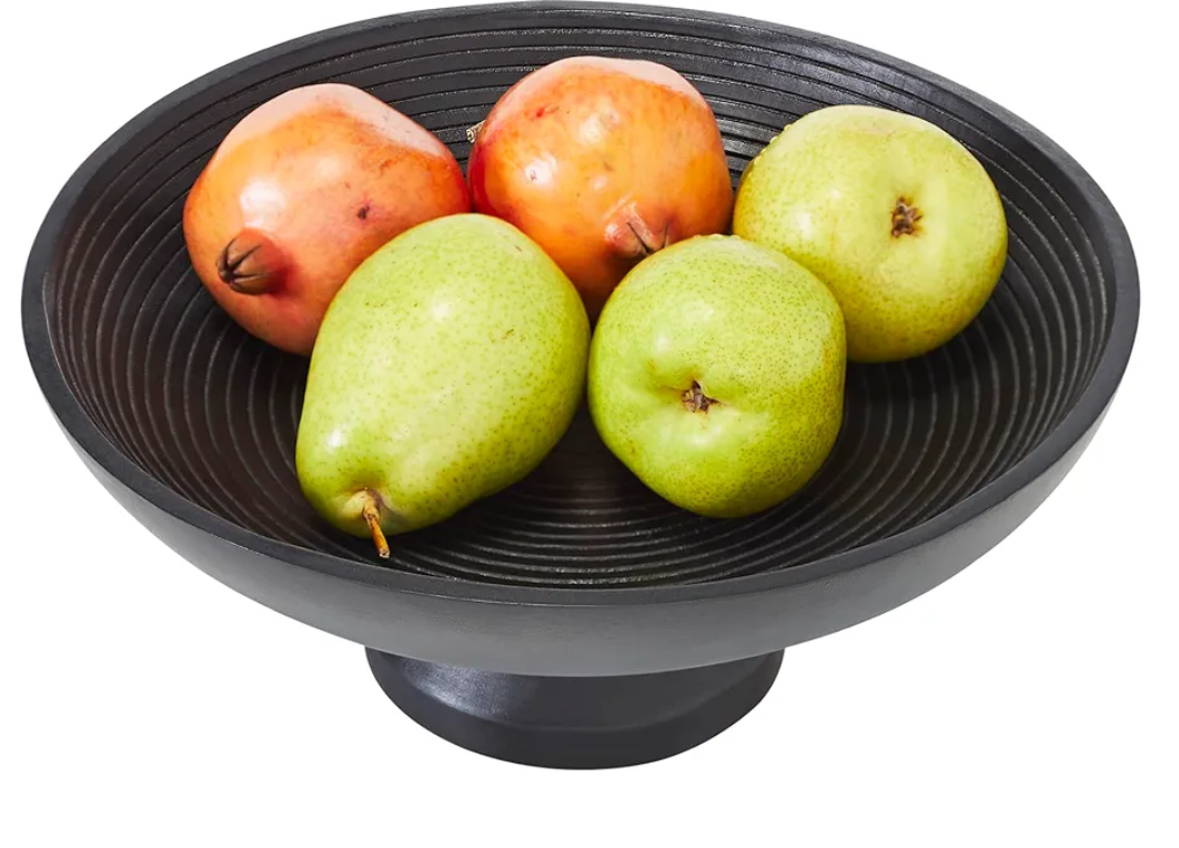 VHC Brands Ribbed Black Wooden Fruit Bowl 5.5x12x12, Kitchen Decor, Decorative Wooden Pedestal Bowl, Perfect Centerpiece for Table, Island, or Counter