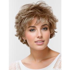 TISHINING Short Ombre Blonde Curly Wig with Bangs Fluffy Layered Blonde Pixie Cut Wigs for White Women Natural Wavy Synthetic Hair Replacement Wig