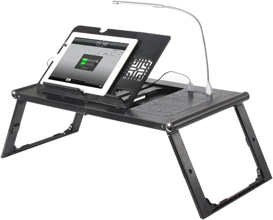 Foldable Laptop Bed Tray Tablet Charging Table Adjustable Lap Desk with Built-in 10000mAh Rechargeable Power Bank and LED Light - Portable Laptop Table Breakfast Food Table Reading Desk - Black