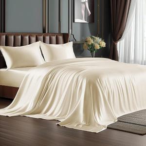 BEDELITE King Size Sheets Set, Luxury Soft Beige Satin Sheets for Hair and Skin, Similar to Silk Bed Sheets Set 4 Pieces with 1 Deep Pocket Fitted Sheet, 1 Flat Sheet, and 2 Pillowcases