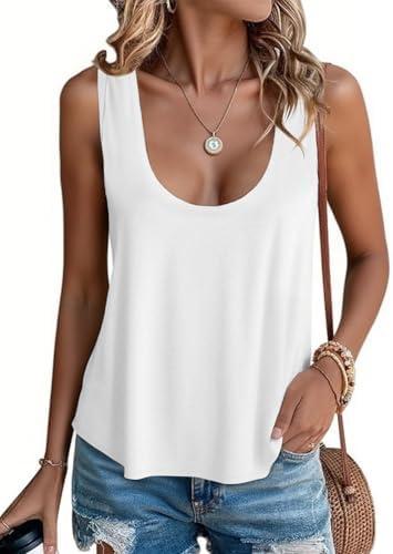 Tankaneo Womens Scoop Neck Tank Tops Summer Casual Sleeveless Loose Fit T Shirts Beach Vacation Workout Basic Tees White XL