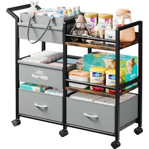 2-in-1 Baby Diaper Caddy Organizer, 3 Tier Rolling Storage Cart with Dividers and Drawers, Baby Essentials for Nursery Storage, Mobile Utility Cart with Wheels Large Capacity Easy to Assemble (Black Metal Frame With Grey Drawers)