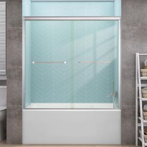 GETPRO Sliding Tub Shower Door 56-60 in. W x 58 in. H Semi-Frameless Bypass Double Sliding Bathroom Glass Door for Tub,1/4 inch Clear Tempered Glass Bathtub Door Brushed Nickel