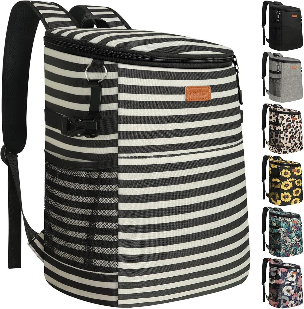 Camping Cooler Backpack 30 Cans, Soft Backpack Coolers Insulated Leak Proof Travel Cooler Bag Waterproof Lunch Picnic Beach Work Trip Thermal Bag Drink Beverage Beer Bag Cooler (Black White Stripe)