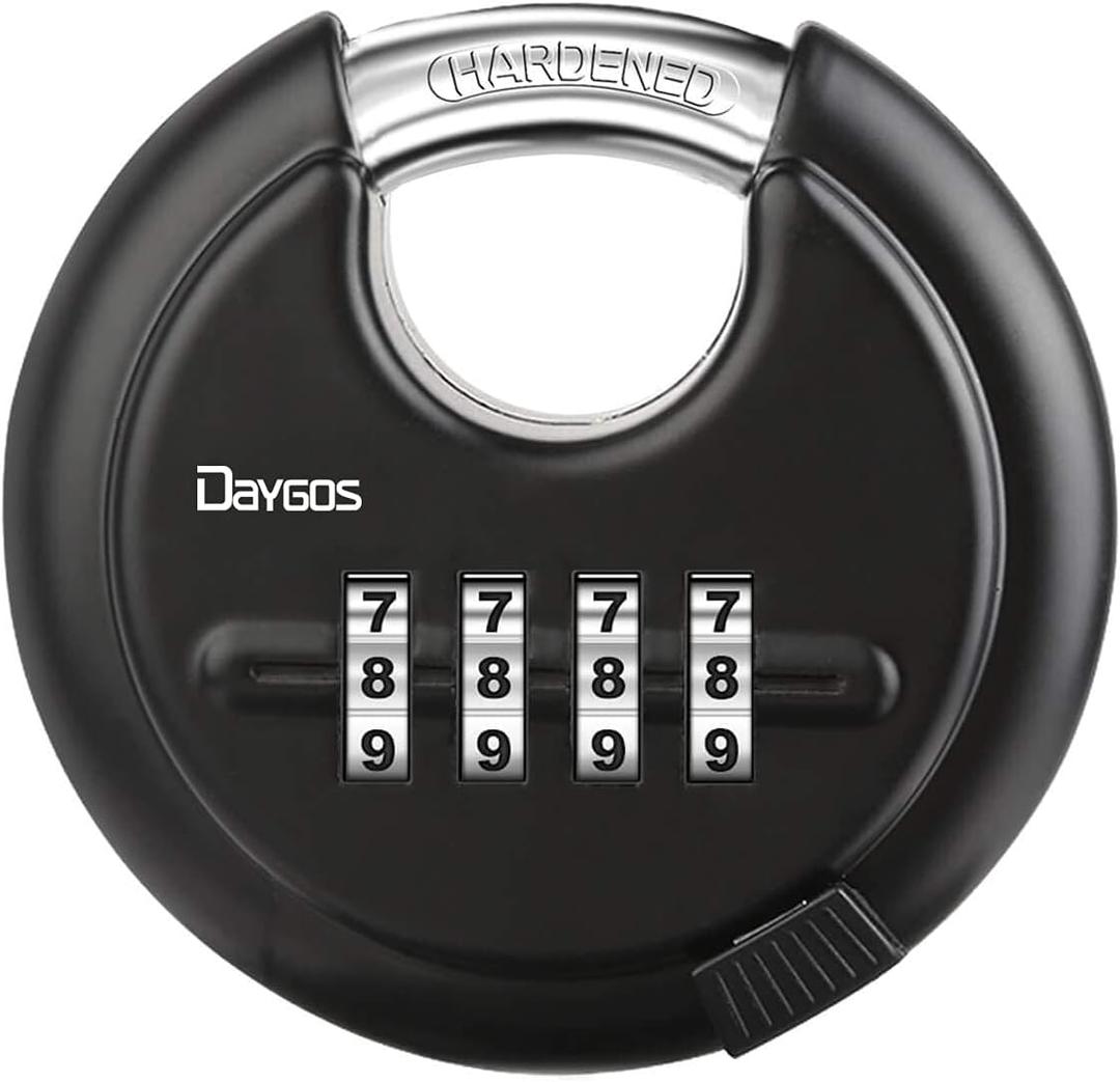 DAYGOS Combination Disc Padlocks for Outdoor - Heavy Duty 4 Digit Code Lock, Combo Discus Lock for Storage Unit,Gate,Fence,Traile(3/8-in Shackle,1PCS,Black)