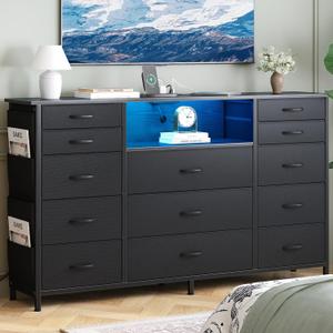 HCHQHS Dresser for Bedroom with 13 Drawers, 47 Inch Fabric Dresser with Remote Control Lights, Side Pockets & Hooks for Closet or Large TV Stand (Black), 47"D x 11.8"W x 35.4"H