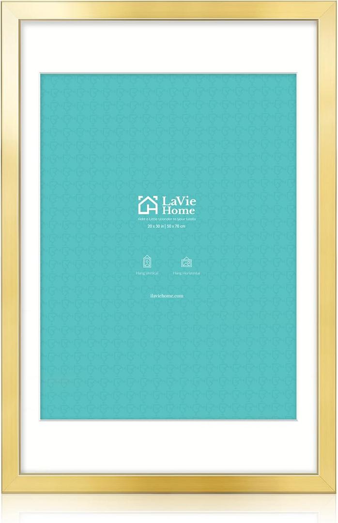 LaVie Home 20x30 Picture Frame Gold Poster Frame,Display Pictures 18x24 with Mat or 20x30 Without Mat, Stable and Sturdy Frame and Polished Plexiglass, Horizontal and Vertical Format of The Walls