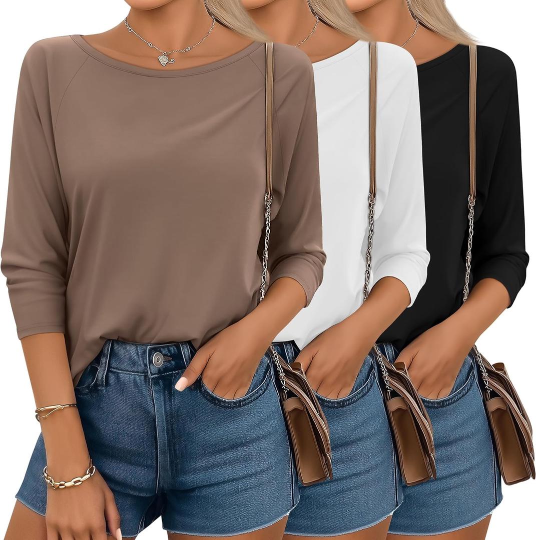 Huukeay 3 Pack 3/ 4 Sleeve Tops for Women Boat Neck Loose Fit Casual Tunic Shirts Ladies Basic Tees Fall(Large, Black, White, Coffee)