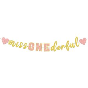 Miss Onederful Gold and Pink Glitter Garland Banner Perfect for Wonderful Little Girl Toddler Baby Girl 1st Birthday Party Decorations.