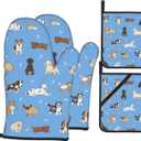 Perinsto Cute Dogs Animals Blue Oven Mitts & Pot Holders 4 Pcs Set, Decorative Heat Resistant Cooking Gloves Microwave Oven Gloves for Kitchen Baking Grilling BBQ
