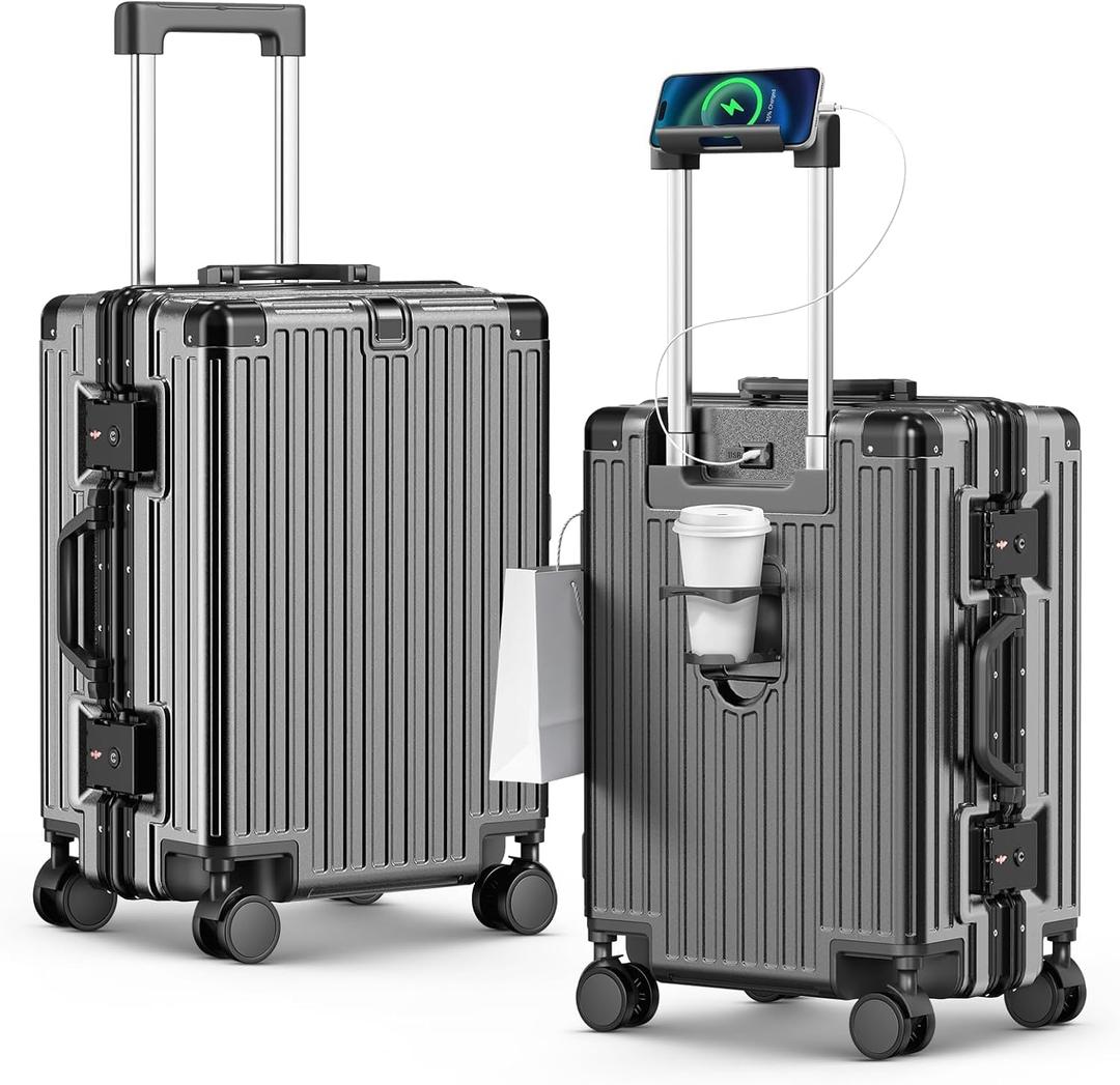 20 Inch Carry On Luggage, Zipperless Aluminum Frame PC Hardside Suitcase with Cup Holder & Charger, Airline Approved TSA Lock & 360 Spinner Wheels for Business Weekend Trip