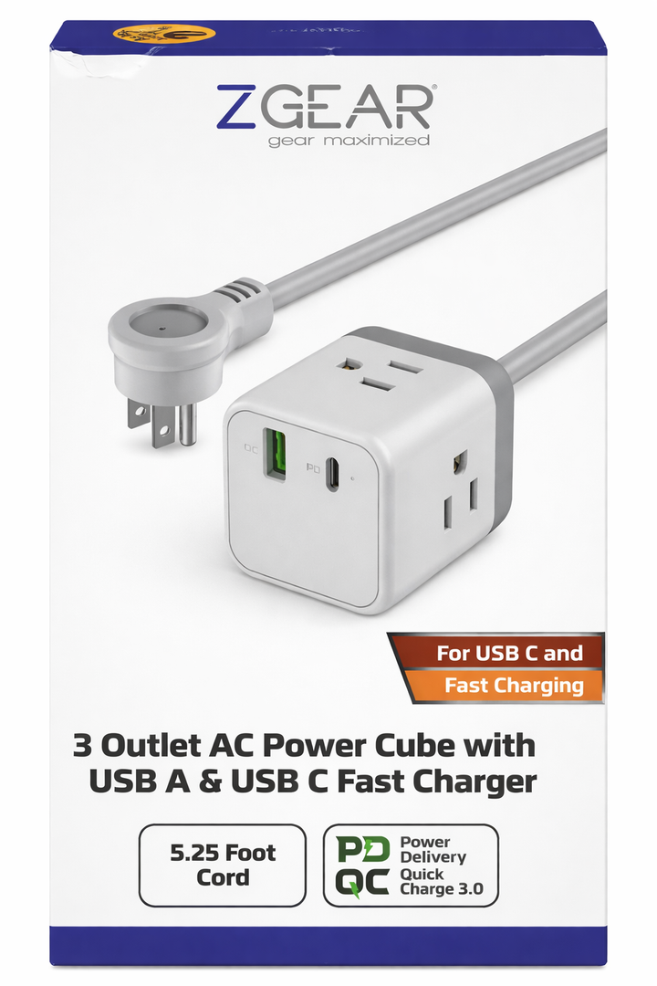 ZGear Power Cube, 3 outlet AC power cube with USB A & USB C fast charger
