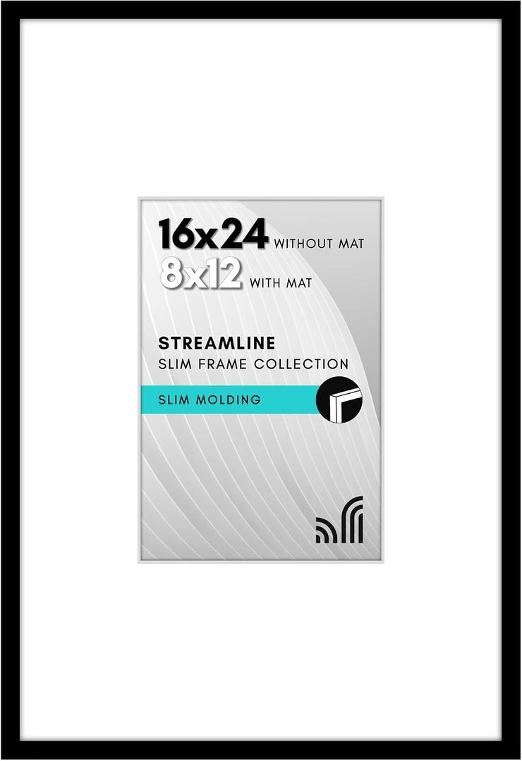 Americanflat 16x24 Poster Frame with Polished Plexiglass - Use as 8x12 Frame with Mat or Display 16x24 Photo Without Mat - Streamline Collection - Thin Border Picture Frames for Wall - Black