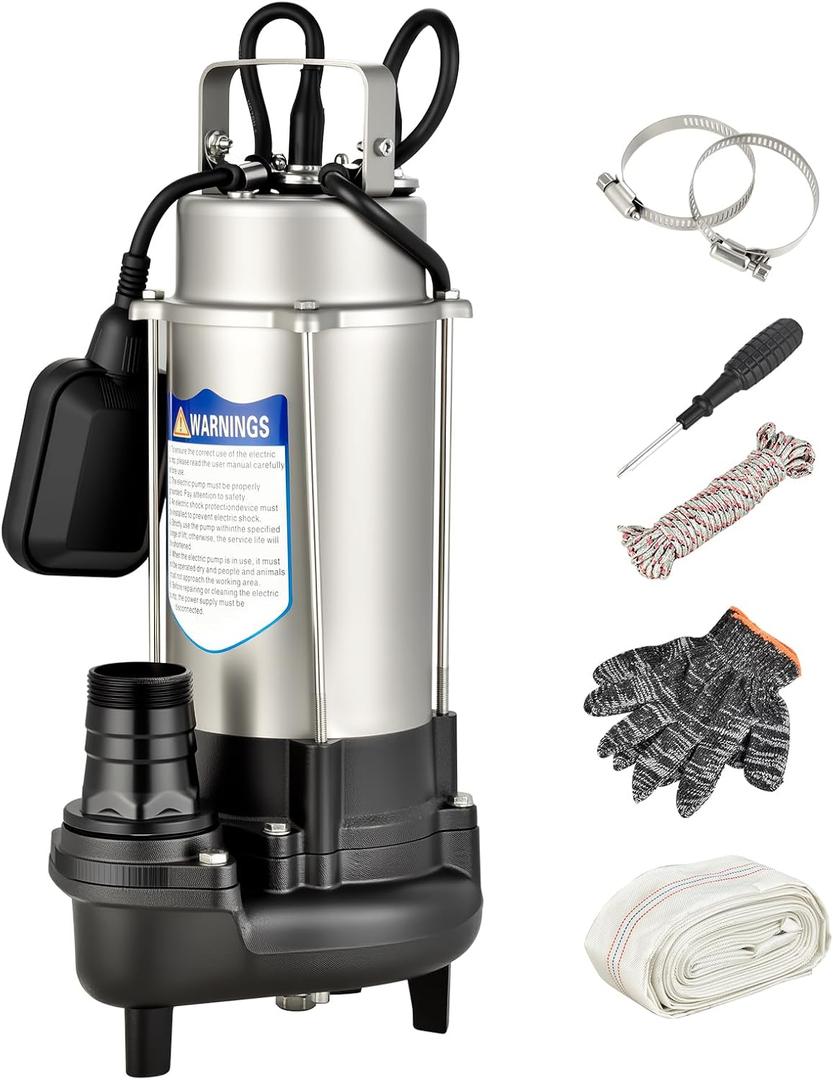 1HP Submersible Sewage Grinder Pump, Stainless Steel Housing, 2" NPT Discharge - For 30"+ Deep Sewage Basins, Septic Tanks, 52.5ft Head 6076GPH Max Flow, 115V (10400GPH(2HP))