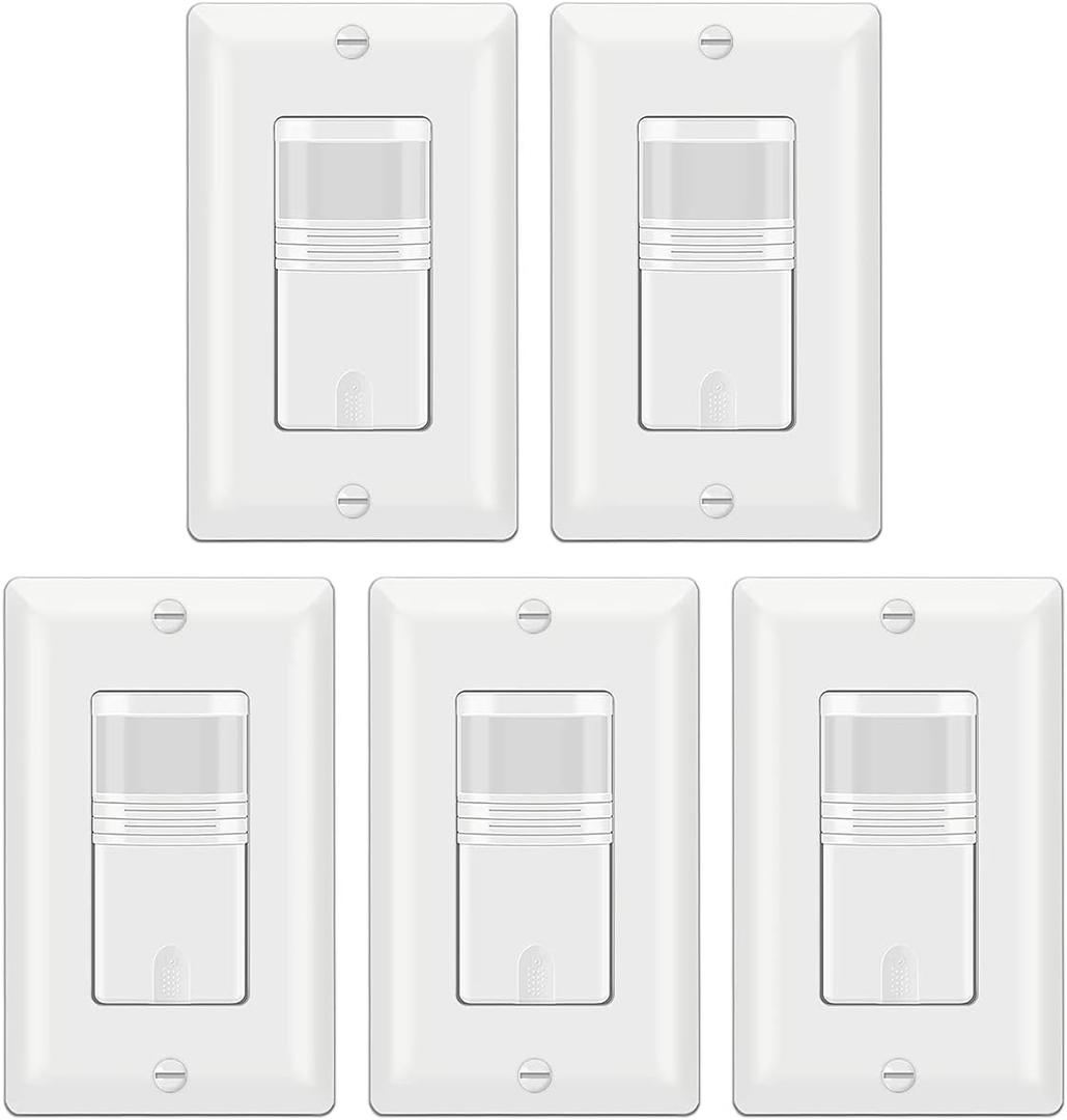 BESTTEN 5 Pack Motion Sensor Light Switch, PIR Vacancy & Occupancy, 800W 1/6 HP, 120/277V, Single Pole, Neutral Wire Required, Wallplate Included, UL Listed, White
