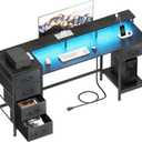 55 Inch Computer Gaming Desk with Power Outlets LED Lights Reversible Home Office with Adjustable Fabric Storage Drawers for Working Writing Study, Black
