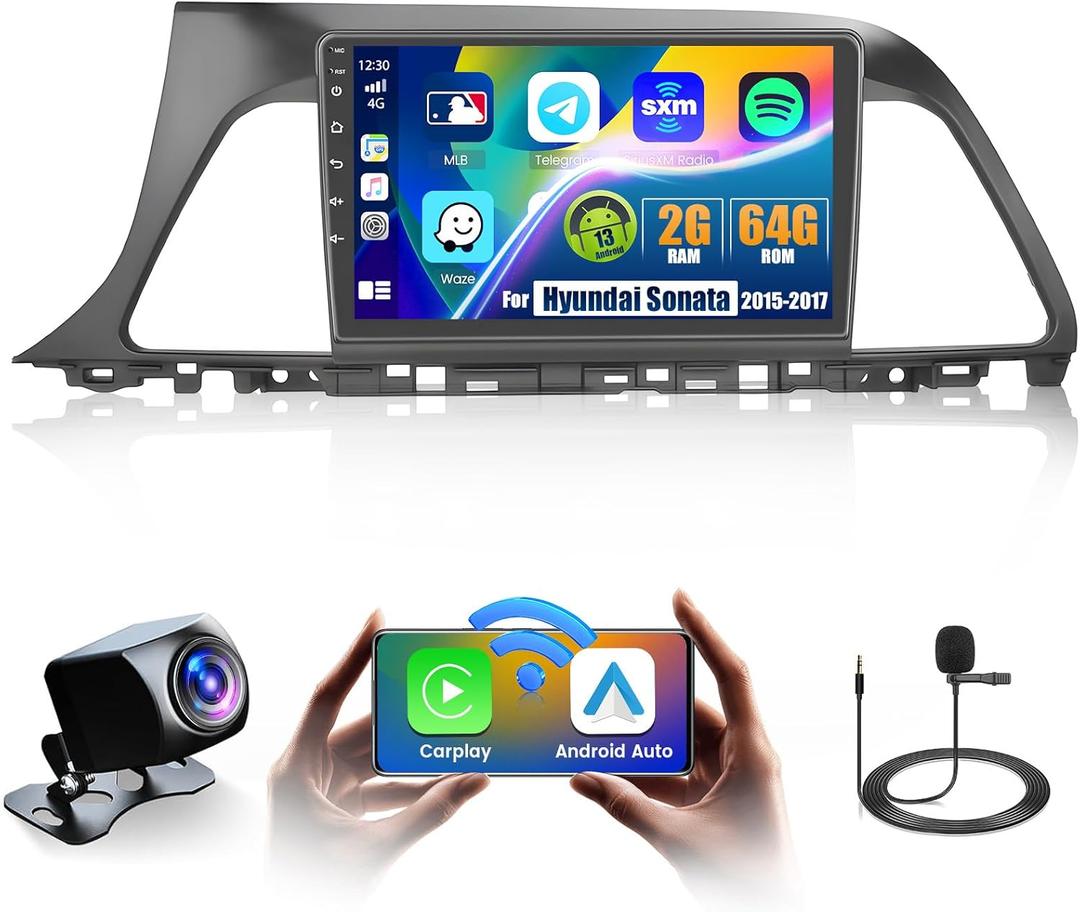 2+64GB Android Car Stereo for Hyundai Sonata 2015-2017 (LHD) Wireless Carplay Android Auto, 9 Inch Touchscreen Car Radio GPS Navi WiFi Bluetooth Backup Camera FM RDS Radio EQ SWC