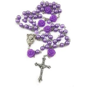 Nazareth Store Catholic Purple Pearl Beads Rosary Necklace 6mm Holy Soil Medal & Cross (1.6" x 1" x 17")