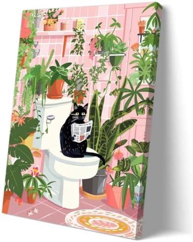 Sboobily Black Cat Wall Art Animal Poster Modern Funny Bathroom Wall Art Canvas Prints, Cat Sitting on Toilet Reading Newspaper Pictures Painting Decor 08x12 inches