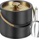 3.2L/3.4QT Modern Insulated Ice Bucket with Silicone Lid, Scoop, Strainer, Double Wall Stainless Steel Ice Bucket for Parties & Cocktail Bar,Ideal for Gift(Black)