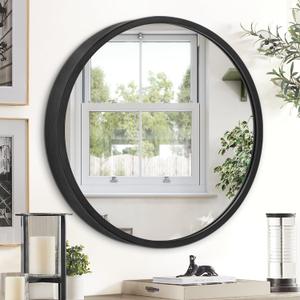 JJUYOU Black Round Framed Mirror - 16" Circle Wall Mirror for Bathroom, Bedroom & Living Room - Modern Aluminum Alloy Metal Frame