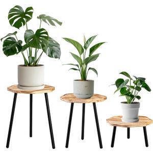 Frcctre 3 Pack Indoor Plant Stand, Wooden Mid Century Plant Stand Tall Plant Table Plant Holder Plant Riser for Flower Pots, Modern Home Decor Octagonal Shape Small Side End Table