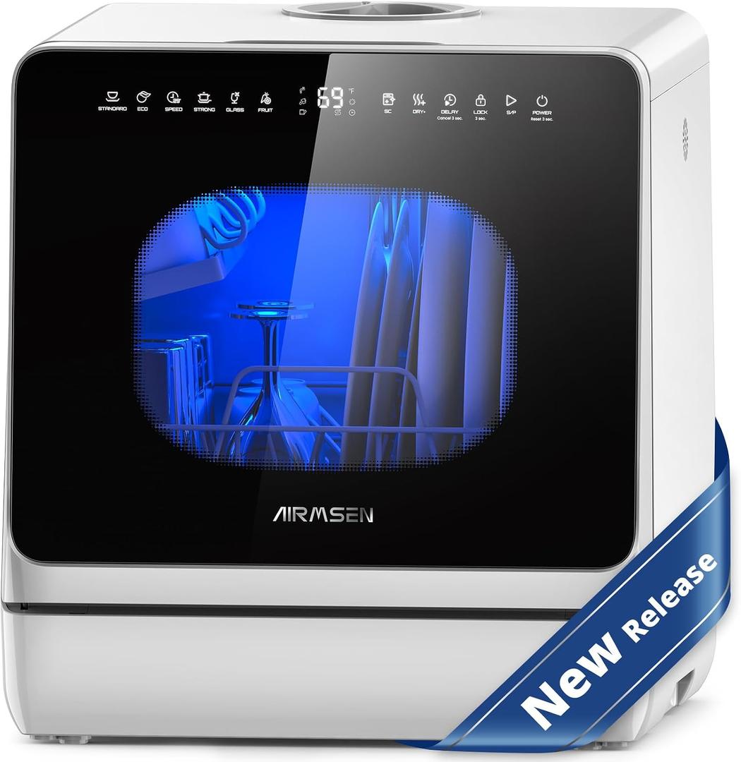 AIRMSEN Countertop Dishwasher with Built-in Water Tank & Softener | 8 Wash Programs & 3 Useful Functions, No Hookup Needed, Hot Air Drying & 72H Air Circulation, Delayed Start, Child Lock
