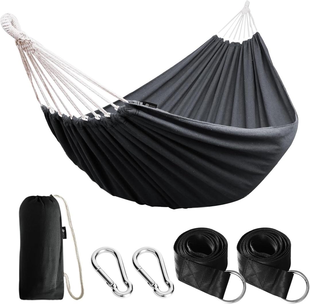 ANYOO Cotton Hammock Portable Camping Hammocks for Hanging Sturdy Garden Comfortable Fabric Hammock with Tree Straps Up to 660lbs with Travel Bag for Camping Outdoor/Indoor Patio Backyard (Dark Grey)