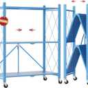DEANIC 3 Tier Foldable Storage Shelves with Wheels, Kitchen Appliance Stand, Freestanding Metal Wire Shelf Rack, No Assembly Organizer Rolling Cart for Garage, Basement, Pantry(Blue)