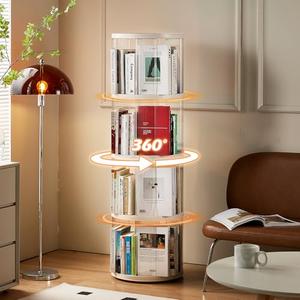 SYNCVIBE 4 Tier Rotating Bookshelf, Small Corner Bookshelf for Small Space, 360 Display Floor Standing Bookcase, Plastic Narrow Book Organizer Shelf for Bedroom, Living Room, Round, White, Lazy Susan