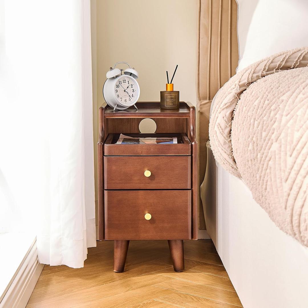 Narrow Walnut Wooden Nightstand with Drawer - 11.8" Small Solid Wood Bedside Table, Modern Dark End Table with Storage Open Shelf & Cable Hole for Bedroom Living Room, 15.7" D x 11.8" W x 19.7" H