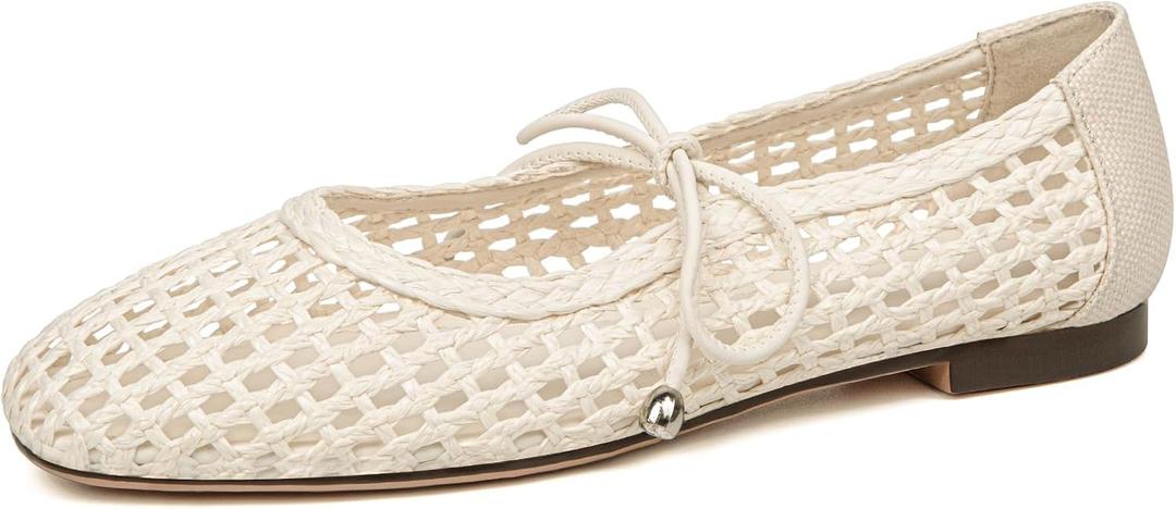 Women's Woven Ballet Flats Mesh Square Toe Mary Jane Flats Lace up Ballerina Slip on Casual Shoes, 5.5, White
