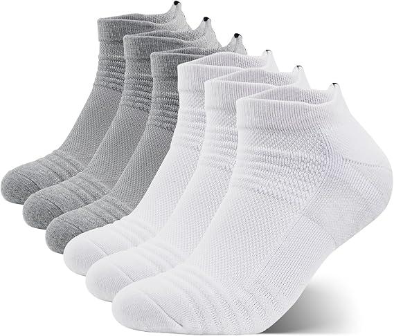JOYZOO Men's Running Ankle Socks - 6 pairs Athletic Cushioned Breathable Low Cut Sports Tab Black White Socks for Men Size for 7-9 - Color: White&Grey