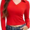 WXXYCS Womens V Neck Long Sleeve Polo Shirts Slim Fitted Collared Business Casual Tops Basic T Shirts Fall Shirt, Size XL