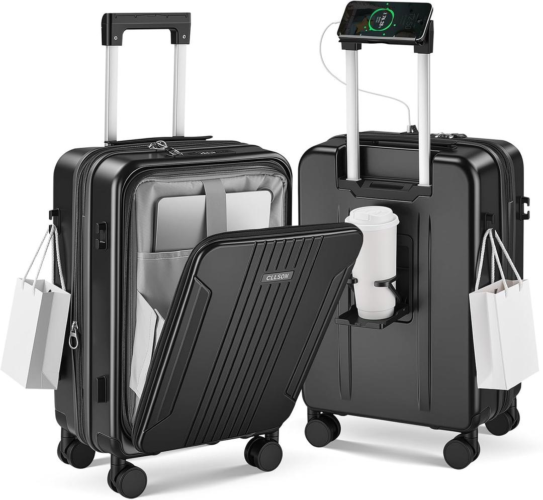 Carry On Luggage with Top Opening, Expandable Hard Shell Suitcase with Front Pocket, Cup Holder & USB Charging Port, Phone Mount, Side Hooks,Spinner Wheels & TSA Lock (Black, 20 inches)